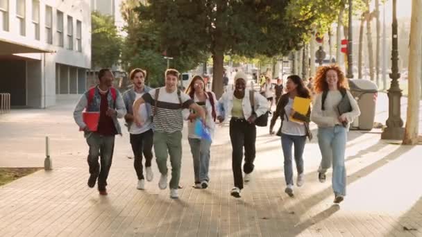 Gruppo Studenti Universitari Felici Che Corrono Dopo Gli Esami Lezioni — Video Stock