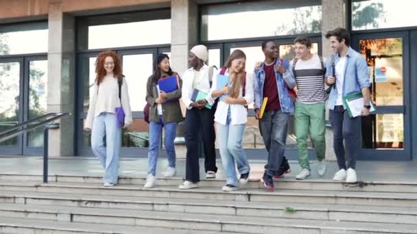 Šťastní Studenti Spolu Chodí Univerzitním Schodišti Chatují Smějí Venku Vyučování — Stock video