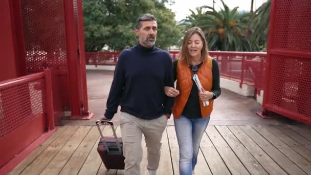 ホテルや空港に行く街を歩くスーツケース付きの観光客 — ストック動画