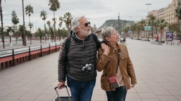 一对快乐的老夫妇一起旅行 漫步在历史名城 爷爷和奶奶旅行 — 图库视频影像