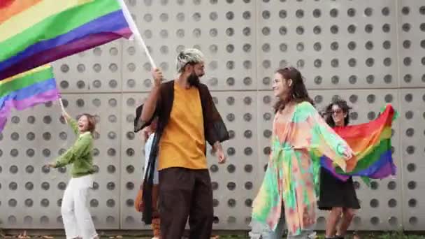 Gay Friends Holding Rainbow Flag Dancing Celebrating Lgbt Pride — Stock Video