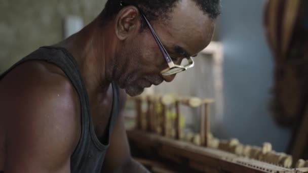 Afroamerykańska Stolarka Pracująca Nad Stworzeniem Drewnianego Instrumentu Muzycznego Naprawiająca Starą — Wideo stockowe