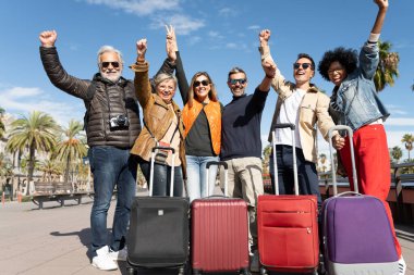 Group of tourists bonding celebrating friendship together after happy vacations trip clipart