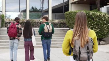 Üniversite binasına doğru yürüyen bir grup kolej arkadaşıyla birlikte sınıfa giden sarışın bir öğrenci.