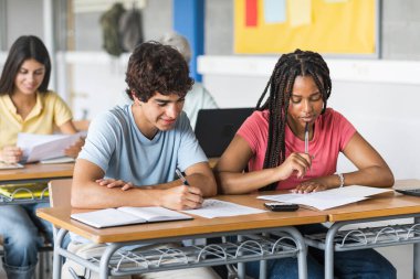 Afrikalı Amerikalı kız ve beyaz erkek öğrenciler okulda birlikte ders almaktan bahsediyorlar.