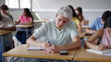 İspanyol Kolej Öğrencisi Sınıfta notlar yazıyor. Çok ırklı gençlerden oluşan çeşitli bir grup lisede öğretmenlerin dersini dinliyor. 