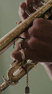 Afrikalı Amerikalı adamın elleri trompet çalıyor, Latin jazz yapıyor. 
