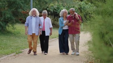 Bir grup aktif emekli insan halka açık parkta birlikte vakit geçiriyorlar. 