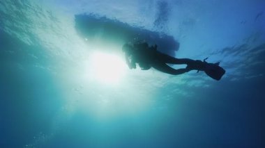 Dalgıç okyanustaki tekneden derinlere iniyor. Denizde sualtı sporu
