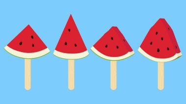 Fruit popsicle. Sliced fresh watermelon with popsicle sticks on blue background. Vector illustration