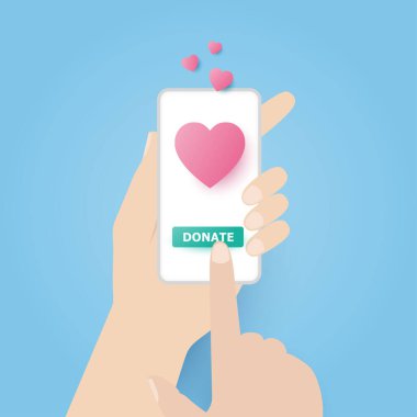Hands holding phone with donate button with pink paper heart on smart phone. Donate concept. Vector illustration