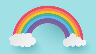 Rainbow in cloud on blue background. Paper cut and craft style illustration