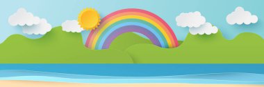 Summer time background. Blue sea and beach with rainbow in for summer background. Paper cut and craft style illustration