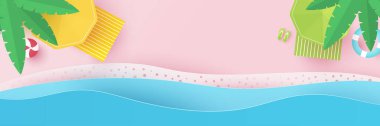 Summer time background. Blue sea and beach with stuff for summer. Paper cut and craft style illustration. Top view