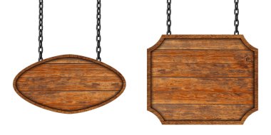 Beyaz arka planda zincir izole ahşap tabela. Tasarım çalışması için kırpma yolu olan nesneler