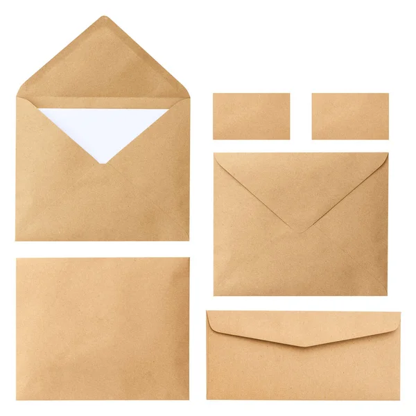 Conjunto Envelope Marrom Isolado Sobre Fundo Branco Letra Vista Superior — Fotografia de Stock