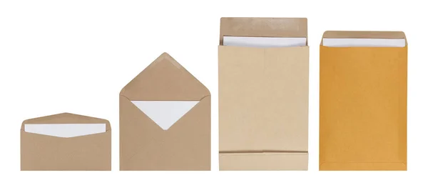 Set Van Bruine Enveloppe Met Blanco Vel Papier Geïsoleerd Witte — Stockfoto