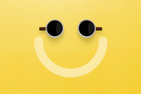 Cup of coffee with ON smile face emoticon on yellow background. Happy of working. Service rating, feedback, satisfaction concept