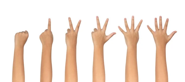 Criança Mostrando Zero Cinco Dedos Contar Sinais Isolados Fundo Branco — Fotografia de Stock