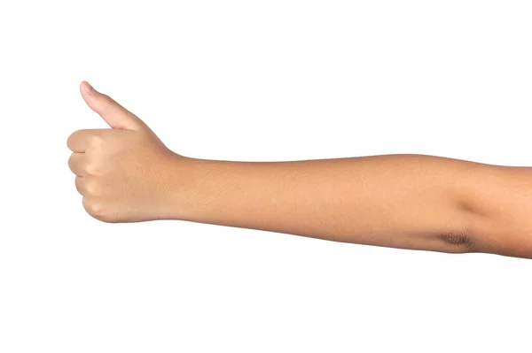Kleine Kinderhand Mit Erhobenem Daumen Auf Weißem Hintergrund Leistungsbewertung Zufriedenheitskonzept — Stockfoto