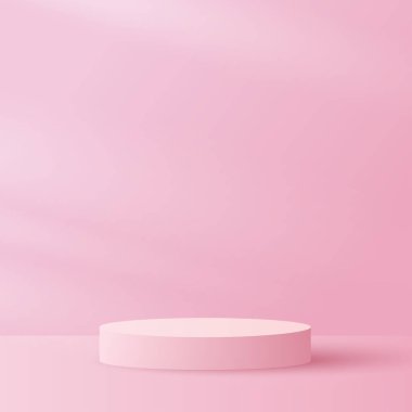 Podium platform to show product and natural light on pink background. Paper cut and craft style illustration
