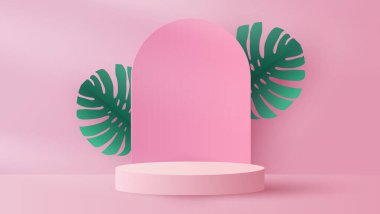 Podium platform to show product with tropical leaves on pink background. Paper cut and craft style illustration. Summertime