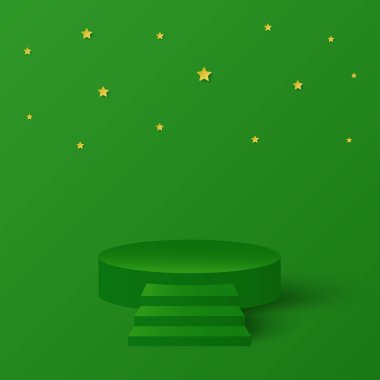 Yeşil arka planda podyum platformu olan mutlu noel afişleri. Yeni yılınız kutlu olsun Yılbaşı için ürünümüzü sergileyeceğiz