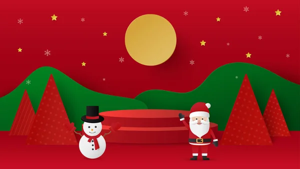 Санта Клаус Снеговик Трибуны Красном Фоне Рождеством — стоковый вектор