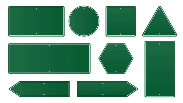 Коллекция Пустых Зеленых Дорожных Знаков Пустых Дорожных Знаков Изолированы Белом — стоковый вектор