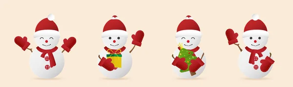 Коллекция Милых Снеговиков Различными Эмоциями Изолированы Бежевом Фоне Счастливого Рождества — стоковый вектор