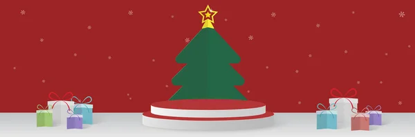 Счастливого Рождественского Баннера Трибуной Красном Фоне Поздравляем Новым Годом — стоковый вектор