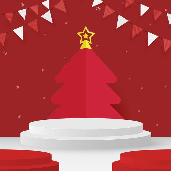 Счастливого Рождественского Баннера Трибуной Красном Фоне Поздравляем Новым Годом — стоковый вектор