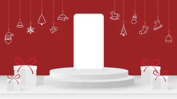 Мобильный Телефон Трибуной Красном Фоне Счастливого Рождественского Баннера Трибуной Рождество — стоковый вектор
