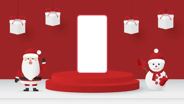 赤い背景に表彰台のプラットフォームを持つ携帯電話 サンタクラスとクリスマスの雪だるま付きのメリークリスマスバナー 紙切り 工芸系イラスト — ストックベクタ
