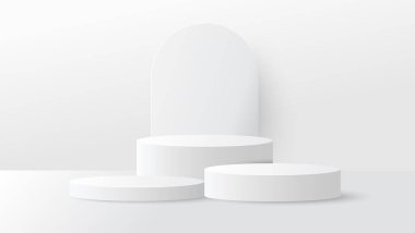 Beyaz daire arkaplan ürünü göstermek için podyum platformu. Ürün gösterimi için gri yuvarlak sahne