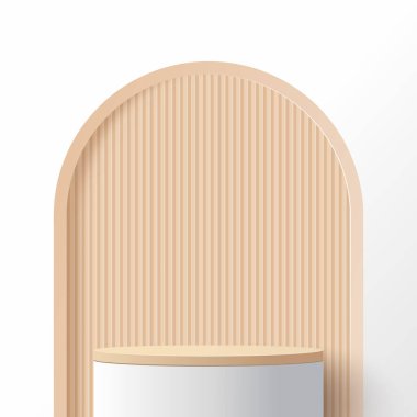 Bej daireli ürünü göstermek için podyum platformu. Ürün gösterimi için en az beyaz sahne