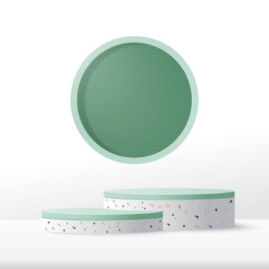 Yeşil daireli ürünü göstermek için podyum platform mermeri. Ürün gösterimi için en az beyaz sahne