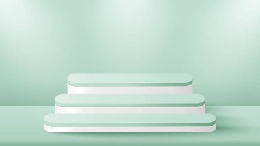 Yeşil zemin üzerinde doğal ışık bulunan ürünleri göstermek için podyum platformu. Ürün gösterimi için boş raflar veya yeşil raf