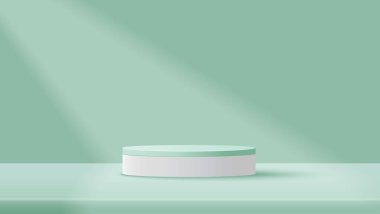 Doğal ışık arkaplanı olan ürünleri göstermek için podyum platformu. Ürün gösterimi için en az yeşil sahne