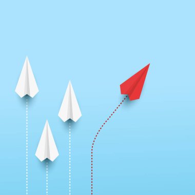 Kırmızı kağıt uçak yön değiştiriyor. Yaratıcılık kavramı, yeni fikirler ve yenilikçi. Farklı işler. Vektör illüstrasyonları