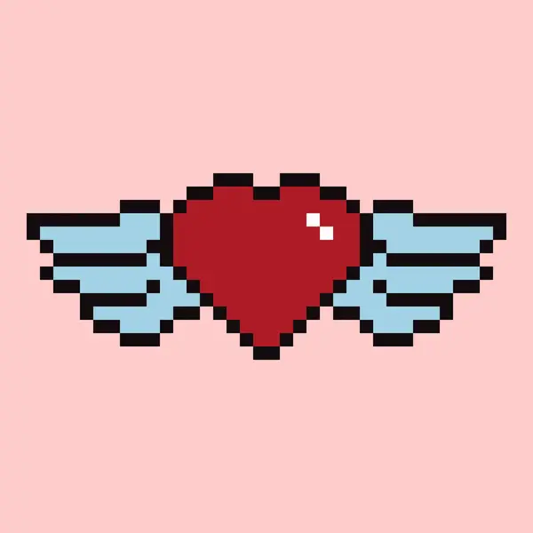 心形符号与翅膀隔离在粉红色背景 红心像素艺术 矢量说明 — 图库矢量图片