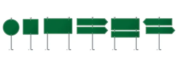 白い背景に隔離された空白の緑色の道路標識または空の交通標識のコレクション イラストベクトル — ストックベクタ