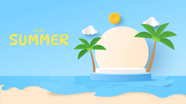 Summertime with podium platform to show product. Tropical nature beach in summer with coconut tree