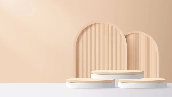 Bej geometrik şekilli ürünü göstermek için podyum platformu. Ürün gösterimi için bej minimal sahne