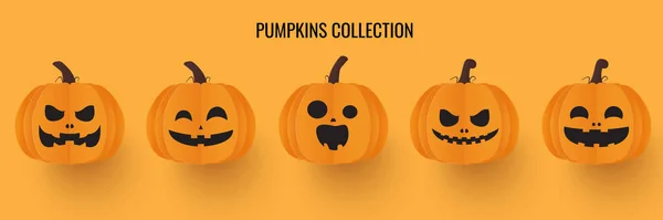 Zucca Halloween Con Emozioni Diverse Sfondo Arancione Taglio Carta Illustrazione — Vettoriale Stock
