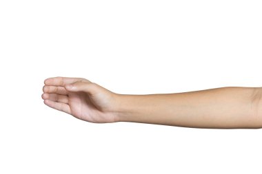 Çocuk el şovu beyaz arka planda izole edilmiş şişe gibi bir şey tutuyor. Kırpma yolu dahil