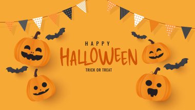 Cadılar bayramı afişleriniz kutlu olsun. Bayraklı Cadılar Bayramı kabağı ve turuncu arka planda yarasa. Vektör illüstrasyonu