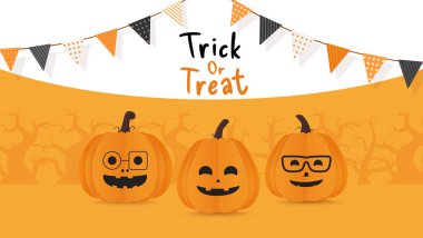 Happy halloween banner trick or treat poster. Halloween pumpkin with flag and bat on orange background. Vector illustration clipart