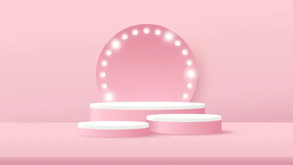 Podyum platformu, halka arkaplan, ışık ve pembe arka planda spot ışığı olan ürünleri gösterecek. Vektör illüstrasyonu