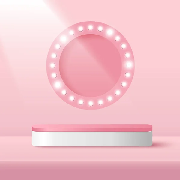 ピンクの背景に軽い印およびスポットライトが付いている円の背景が付いているプロダクトを示すポリウム プラットホーム ベクトルイラスト — ストックベクタ